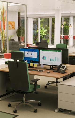 Visualisierung des BioTic Office mit Büroarbeitsplätzen und Bürohund