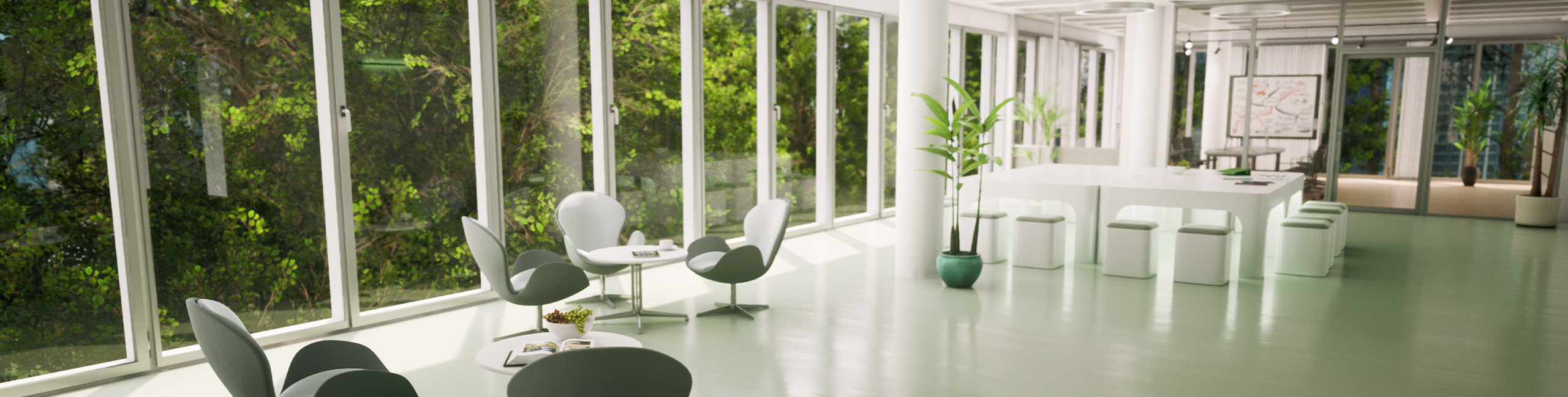 Visualisierung des des Eingangsbereichs im BioTic Office mit grünem Boden und modernen Sitzgelgenheiten