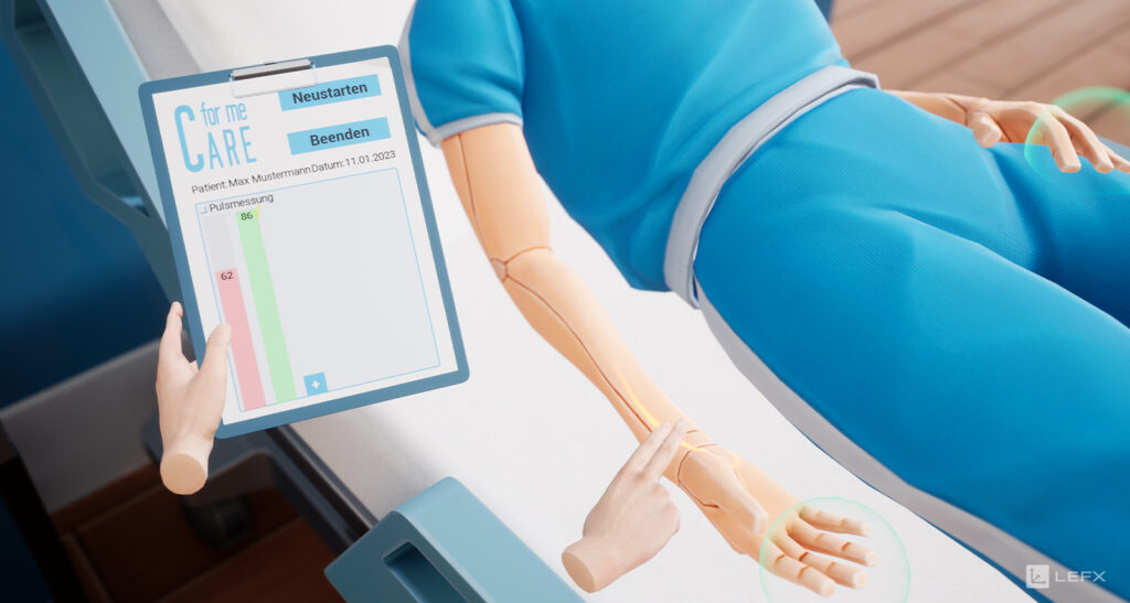 Gameplay der VR-Training VR Patient Care - Spieler nimmt Puls an Patient und hält in anderen Hand Klemmbrett