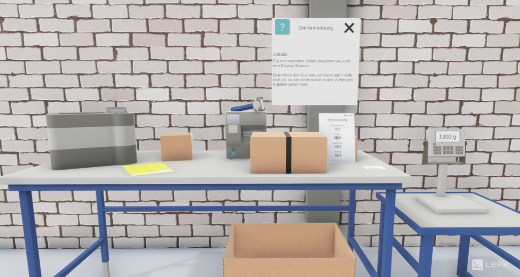 Gameplay VR-Training - Paket liegt mit Scanner an Arbeitsplatz mit Waage
