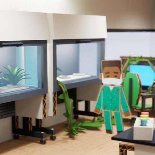 Gameplay AR Game Labor mit Mitarbeiter*innen in Kartonoptik