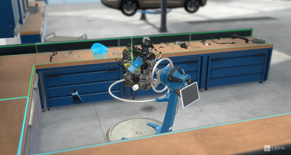 Gameplay VR Training - Spieler montiert Bauteile an Motor